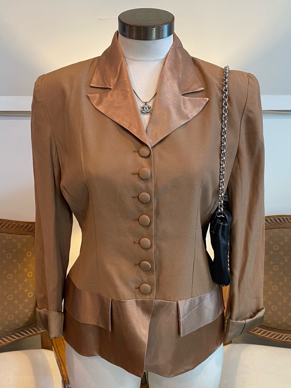 Hugo Buscati 1980s Brown Satin-Trim Tailored Blazer, Power Dressing Office Siren